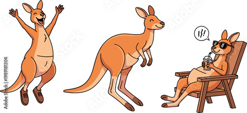 Cute cartoon Australian kangaroo vector character set featuring jumping standing and relaxing in chair with summer drink.