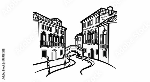 Ornate arched bridge spans a winding canal between historic buildings