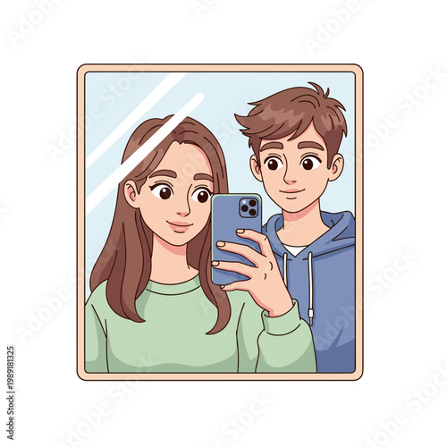 Teen taking selfie together in mirror with friendly expressions  