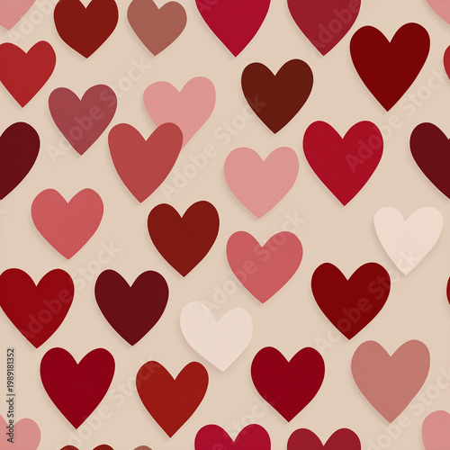 Pattern of overlapping hearts in various shades of red, pink, and brown on a light beige background.
