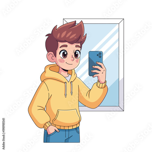 Teen boy taking selfie in mirror while wearing a yellow hoodie  