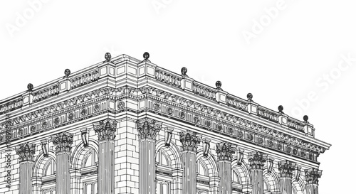 Ornate architectural detail of a grand building's corner with columns