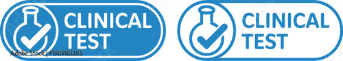Blue Clinical Test Badge Icons with Laboratory Flask and Check Mark for Medical Certification Labels