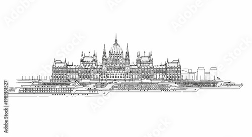 Ornate building with domes and spires alongside docked cruise ships