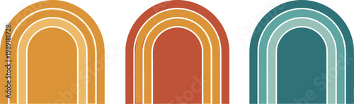 Contemporary abstract arch designs featuring vibrant segmented curves in diverse color palettes, evoking a sense of smoothly blended progression and modern graphic appeal