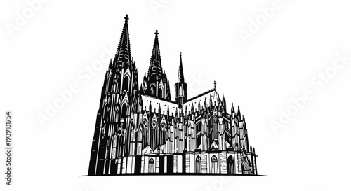 Ornate Gothic cathedral with multiple spires rendered in black and white line art