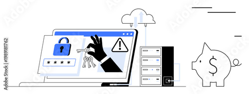 Cybersecurity, online protection, data theft prevention, cloud storage security, financial safety, digital risk. Laptop with lock icon, hand holding keys and piggy bank. Cybersecurity and data theft