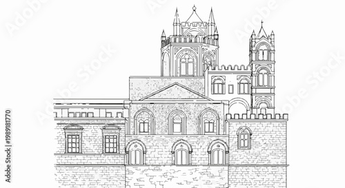 Ornate Gothic-style building with multiple towers and arched windows