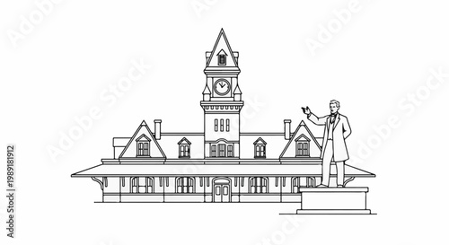 Ornate historical building with clock tower and a distinguished man statue