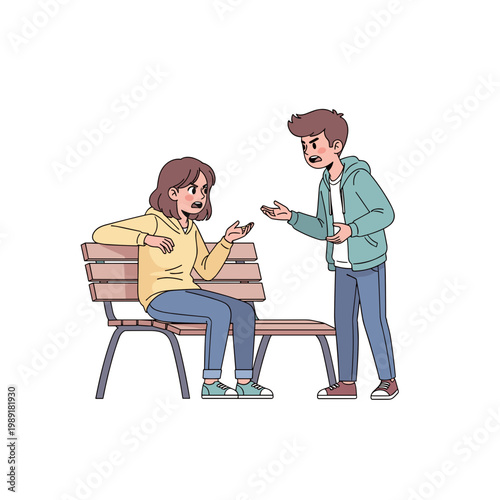 Teens arguing while sitting on a park bench in casual clothing  
