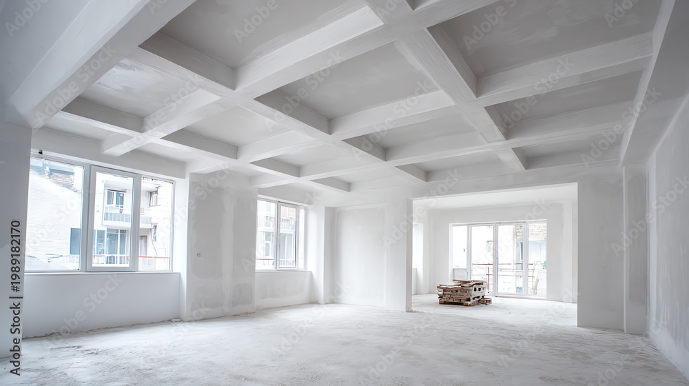 Fototapeta premium Interior Architectural Structure: An unfinished interior showcases a structural ceiling framework, providing a unique perspective and blank space for potential design elements.