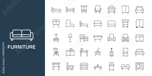 Collection of furniture icons for interior design and home decor in line art style, clean and modern.