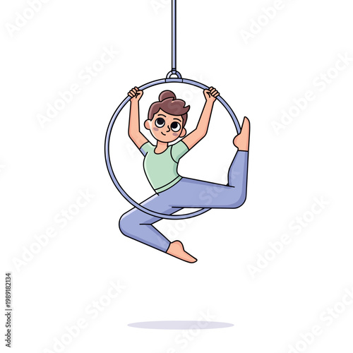Young adult performing on aerial hoop in casual attire  
