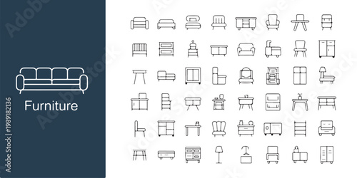 Set of outline furniture icons for interior design and home decor in line art style, clean and modern.