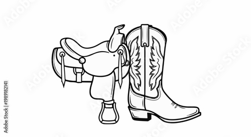 Outline drawing of a western saddle and cowboy boot