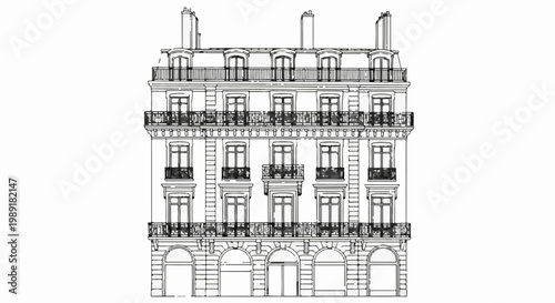 Ornate multi-story building facade with balconies and arched entrances