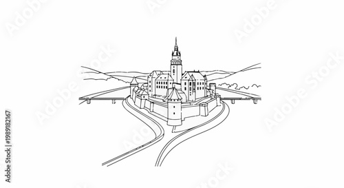 Ornate medieval castle with a central tower, surrounded by walls and bridges