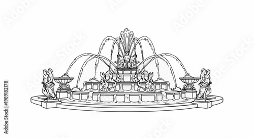 Ornate, multi-tiered fountain with sculptural figures and cascading water