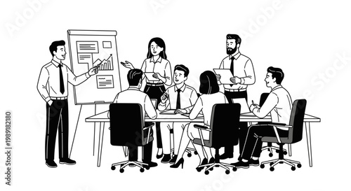 Business meeting with presentation chart, teamwork and discussion in office