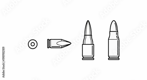 Outline graphics of a bullet primer and three ammunition cartridges