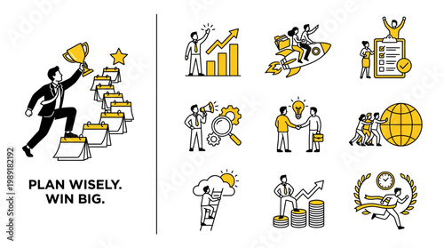 A collection of business success illustrations depicting planning, growth, teamwork, achievement, and strategic development.
