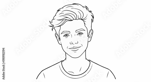 Outline drawing of a young person with styled hair and a smile