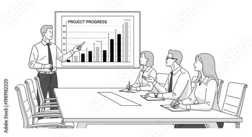 Business presentation: man explaining project progress chart to colleagues in meeting