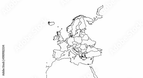 Outline map of Europe with national borders and islands