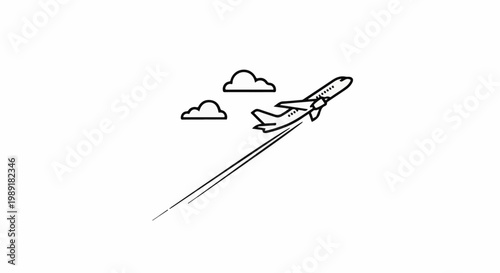 Outline of airplane taking off with clouds and contrails