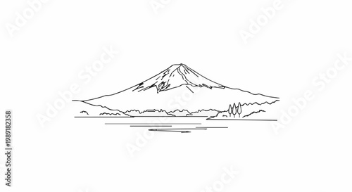 Outline of a snow-capped mountain, water, and trees in a landscape