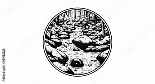 Oval emblem depicts a rocky forest stream with trees and cascading water