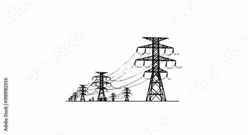 Overhead power line pylons, diminishing in size, stretch across the horizon