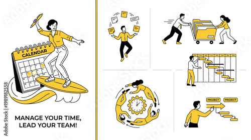 A collection of illustrations depicting various aspects of time management, project planning, teamwork, and business productivity, with a focus on efficiency and leadership.