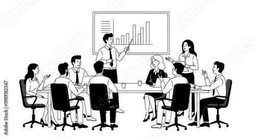 Business meeting with presentation, team discussing strategy and financial chart