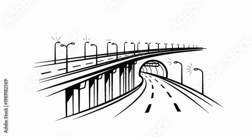 Overhead highway and tunnel illuminated by streetlights, perspective view