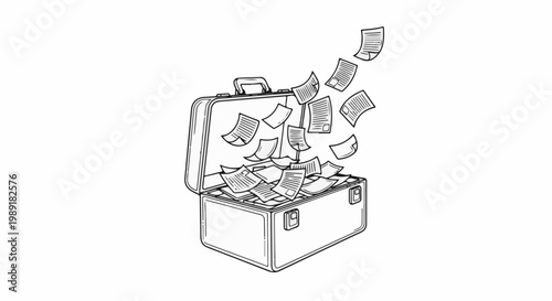 Overflowing briefcase scatters papers into the air in a black and white sketch