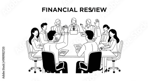 Business Meeting Illustration: Team Discussing Financial Review Around Table