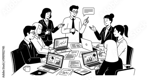 Diverse business team in meeting, discussing strategy with laptops and charts