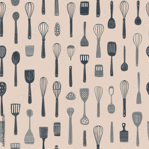 Repeating light beige background with assorted kitchen utensils in dark blue and gray.