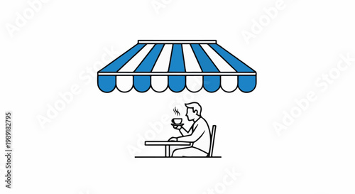 Person enjoying a hot drink under a striped awning