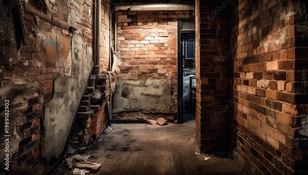 Fototapeta premium Dark, spooky hallway in abandoned old building generated by AI
