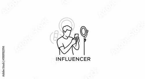 Person holding phone with ring light and microphone, text below