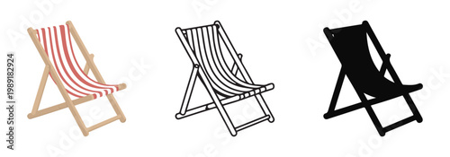 Three deck chairs including striped wood and black silhouette isolated on white background for beach.