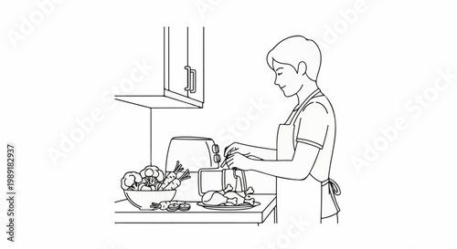 Person in apron prepares food next to kitchen appliance with vegetables and chicken