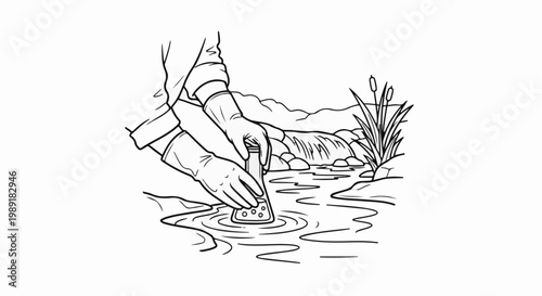 Person in gloves collects water sample in flask from stream