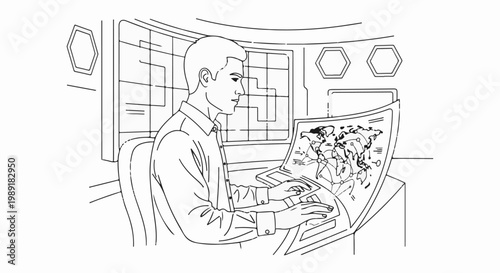Person in control room looking at world map and computer screens