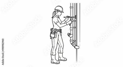 Person in hard hat and tool belt works on plumbing pipes with a wrench