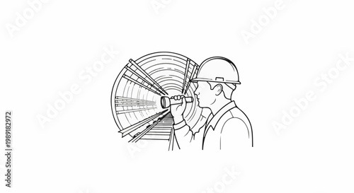 Person in hard hat inspects tunnel with flashlight