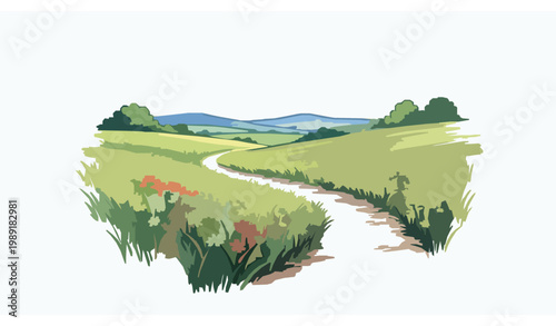 Scenic countryside landscape with winding river and blooming wildflowers