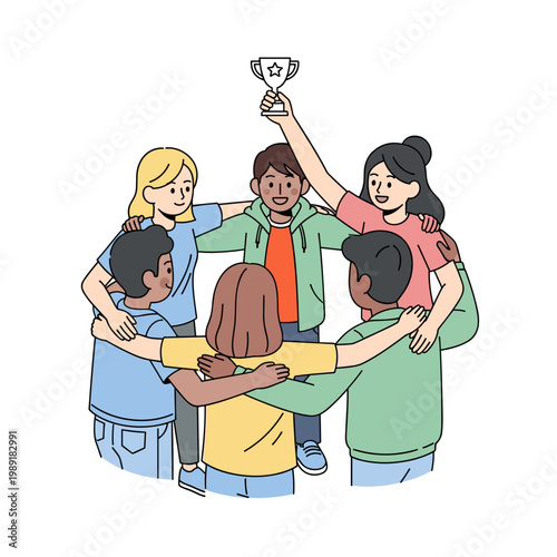 Youth team celebrating victory and holding trophy in circle  